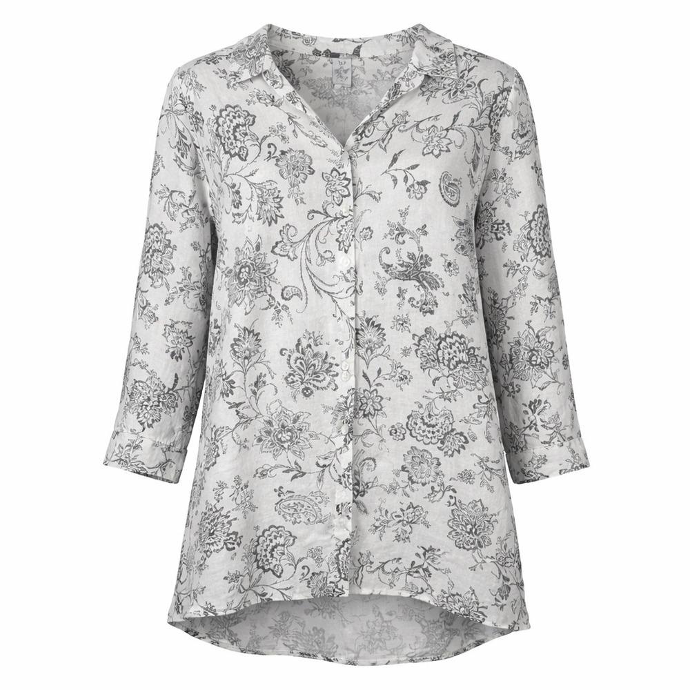 Match Point USA Linen Floral Paisley Tunic Button Down Shirt White Black Small